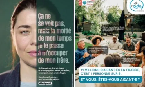 Affiches des 2 campagnes avec une sœur aidante et des aidants autour d’une table