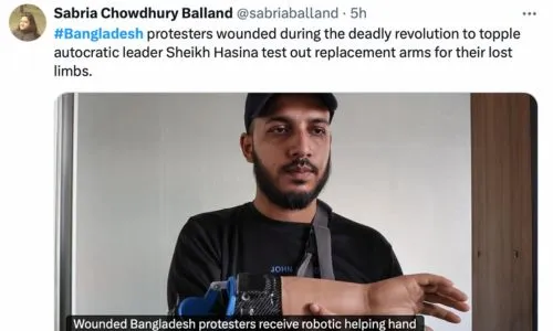 Capture d’écran d’un post sur X avec un bangladais muni d’un bras artificiel.