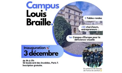 La façade du Campus Louis Braille avec les date et adresse de l’inauguration.