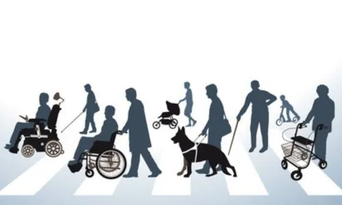 Image de synthèse de personnes en fauteuil ou avec une canne qui marchent.