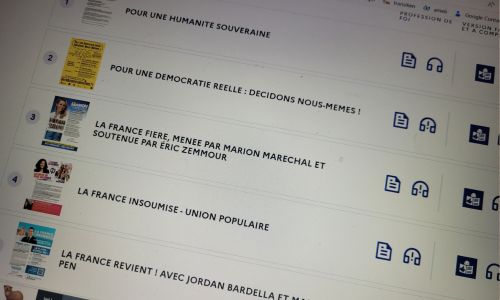 Capture d’écran du site dédié avec la liste des partis