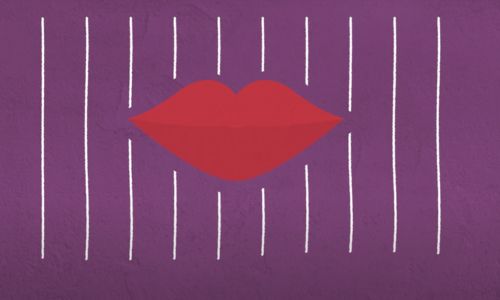 Dessin d’une bouche rouge et pulpeuse sur un fond violet.