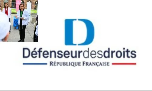 Logo du Défenseur des droits et photo de Claire Hédon dans la rue.