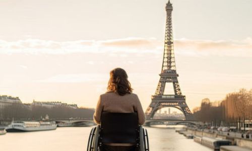 Une femme en fauteuil roulant regarde la Tour Eiffel.