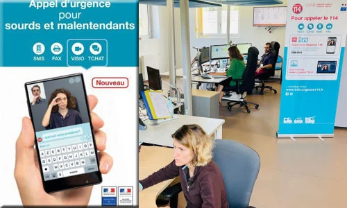 Interface de l’appli du 114 avec une visio en LSF + photo d’une répondante.