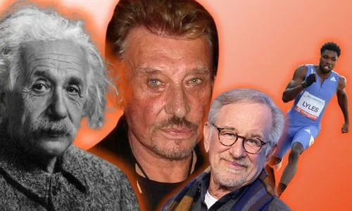 Montage photo avec les portraits de Lyles, Einstein, Hallyday, Spielberg.