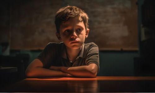 Un enfant seul dans le noir, le regard vide, croise ses bras sur un bureau.