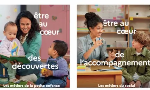 2 affiches de la campagne avec une femme et deux jeunes enfants.