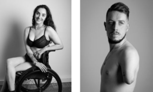 2 portraits de l’expo : une femme en fauteuil et un homme amputé des bras.