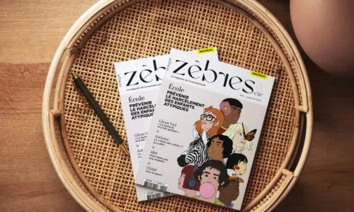 2 magazines «Zèbres & Cie» posés sur une table basse.